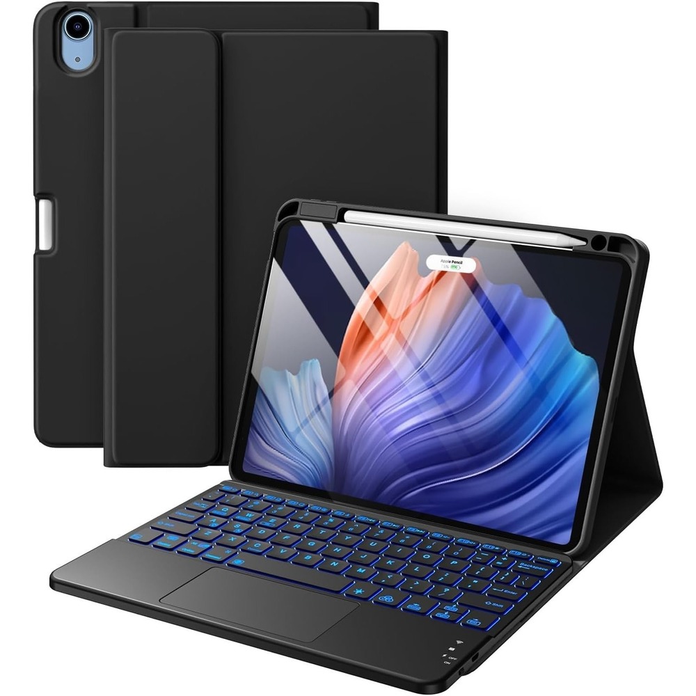 Harvopu 11in iPad Air Keyboard Case PU Leather Trackpad Backlit Detachable BLACK